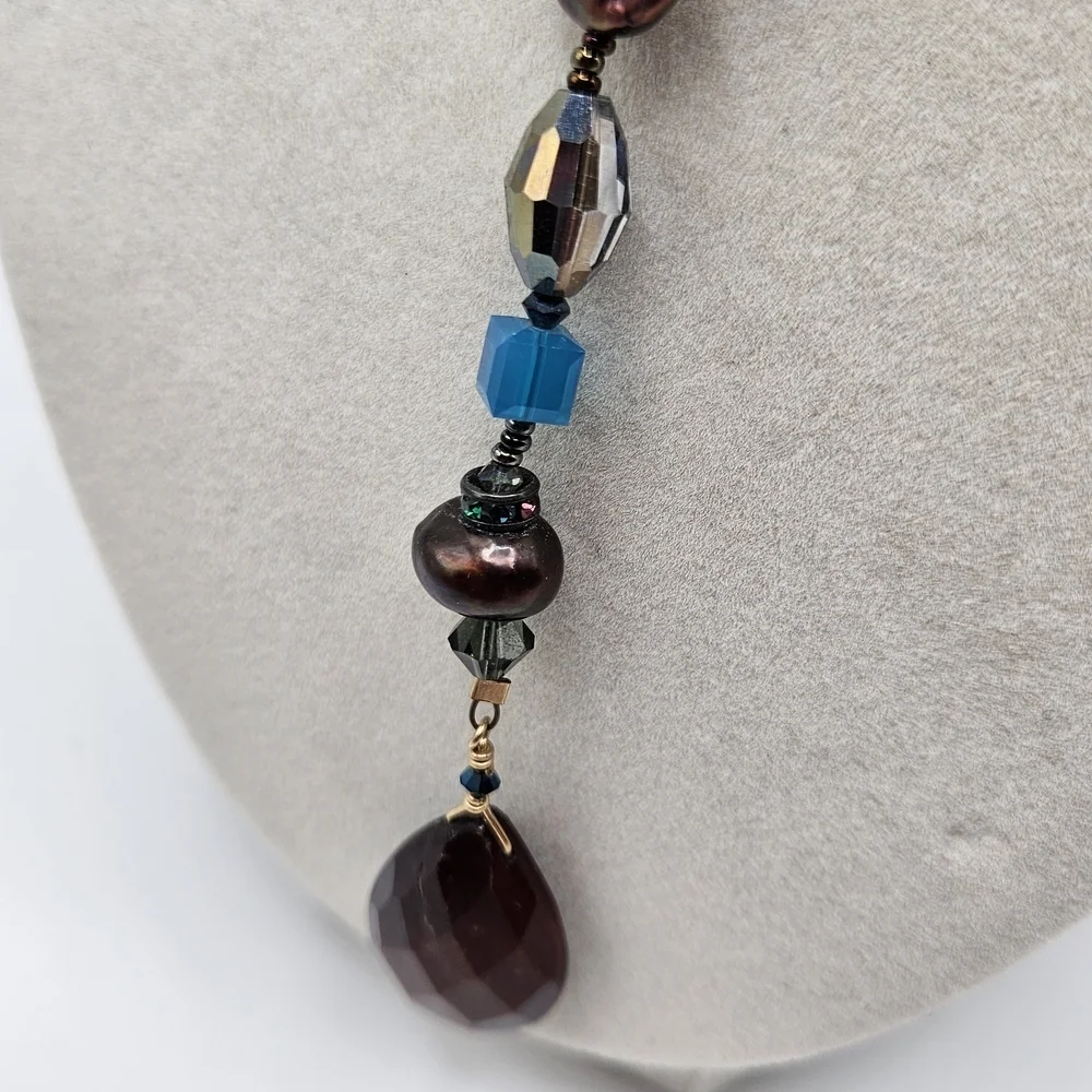 VINTAGE Blue and Brown Glass Cloisonne  Beaded Lariat Y-Drop Necklace